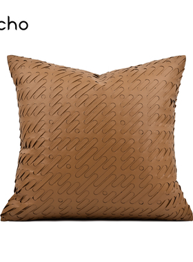 现代简约轻奢样板房间抱枕沙发客厅靠枕橘黄色皮质靠垫套床头软包