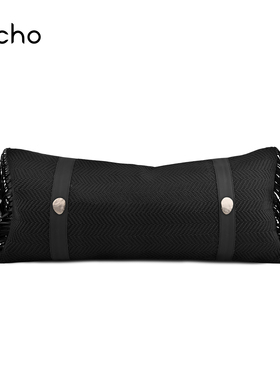 echo轻奢样板间抱枕黑色编织皮拼接腰枕别墅沙发靠包长条靠枕靠垫