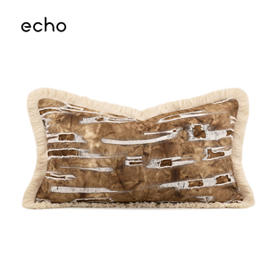 原木风样板间民宿卡其米咖色侘寂风棉麻流苏沙发客厅抱枕腰枕靠垫