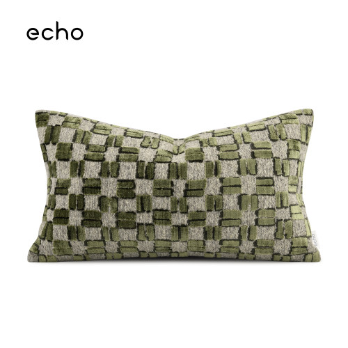 echo轻奢中古风进口割绒苔藓绿色几何格子样板间进口腰枕靠垫抱枕