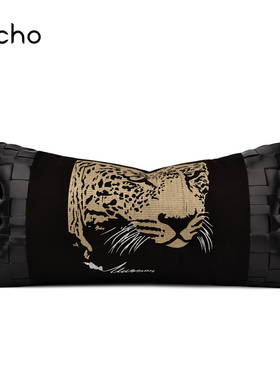 echo轻奢样板间抱枕黑色编织皮拼接金钱豹腰枕别墅沙发靠包靠垫套