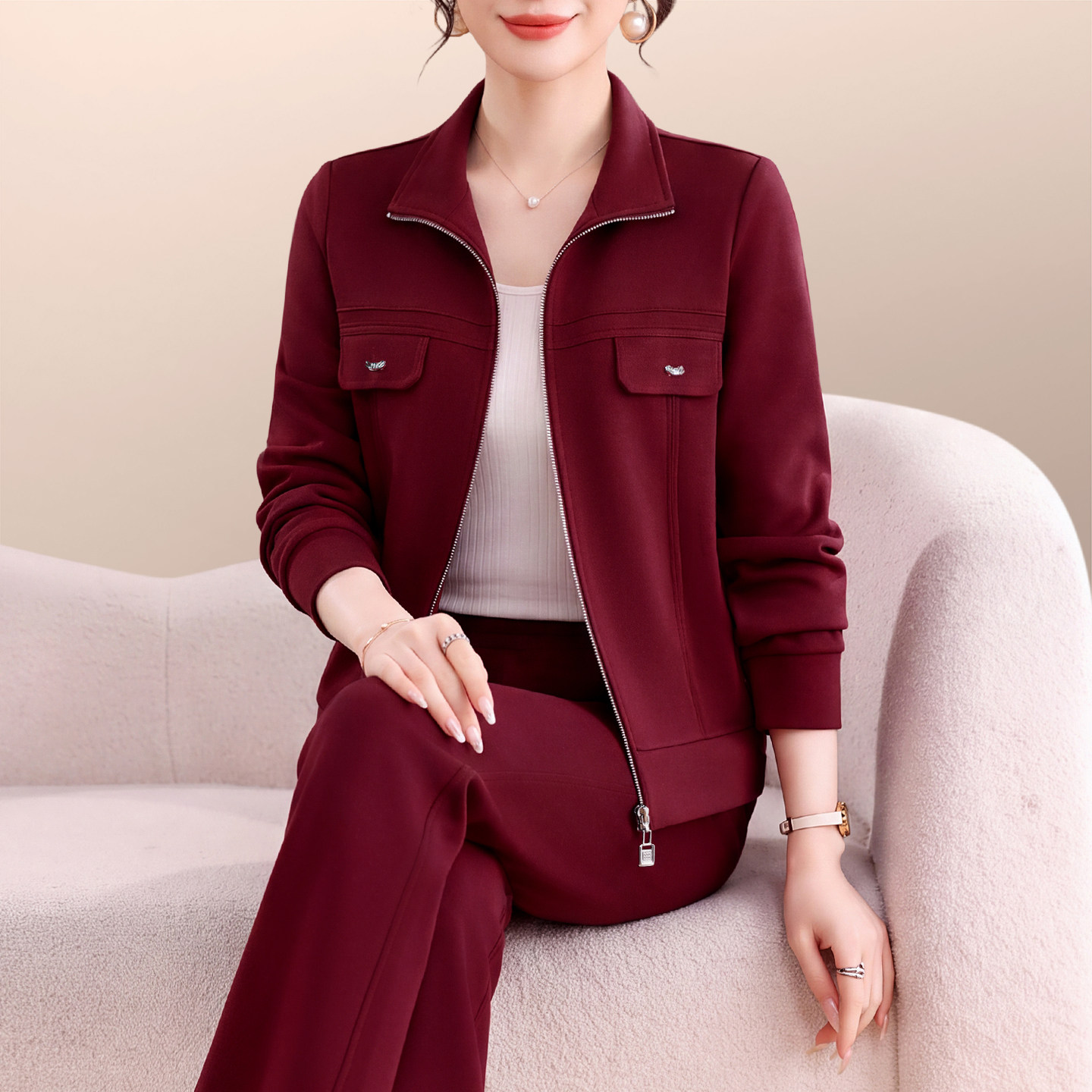 休闲户外运动服套装女士2026新款春秋季时尚百搭洋气质立领两件套