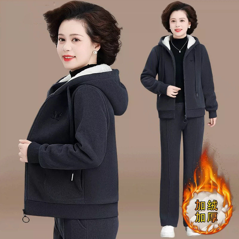 妈妈冬装外套加绒加厚洋气中老年女运动服套装秋冬上衣老人衣服