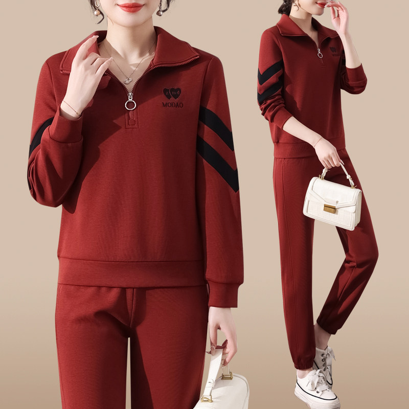休闲运动套装女春秋2026新款时尚显瘦妈妈户外翻领卫衣跑步两件套