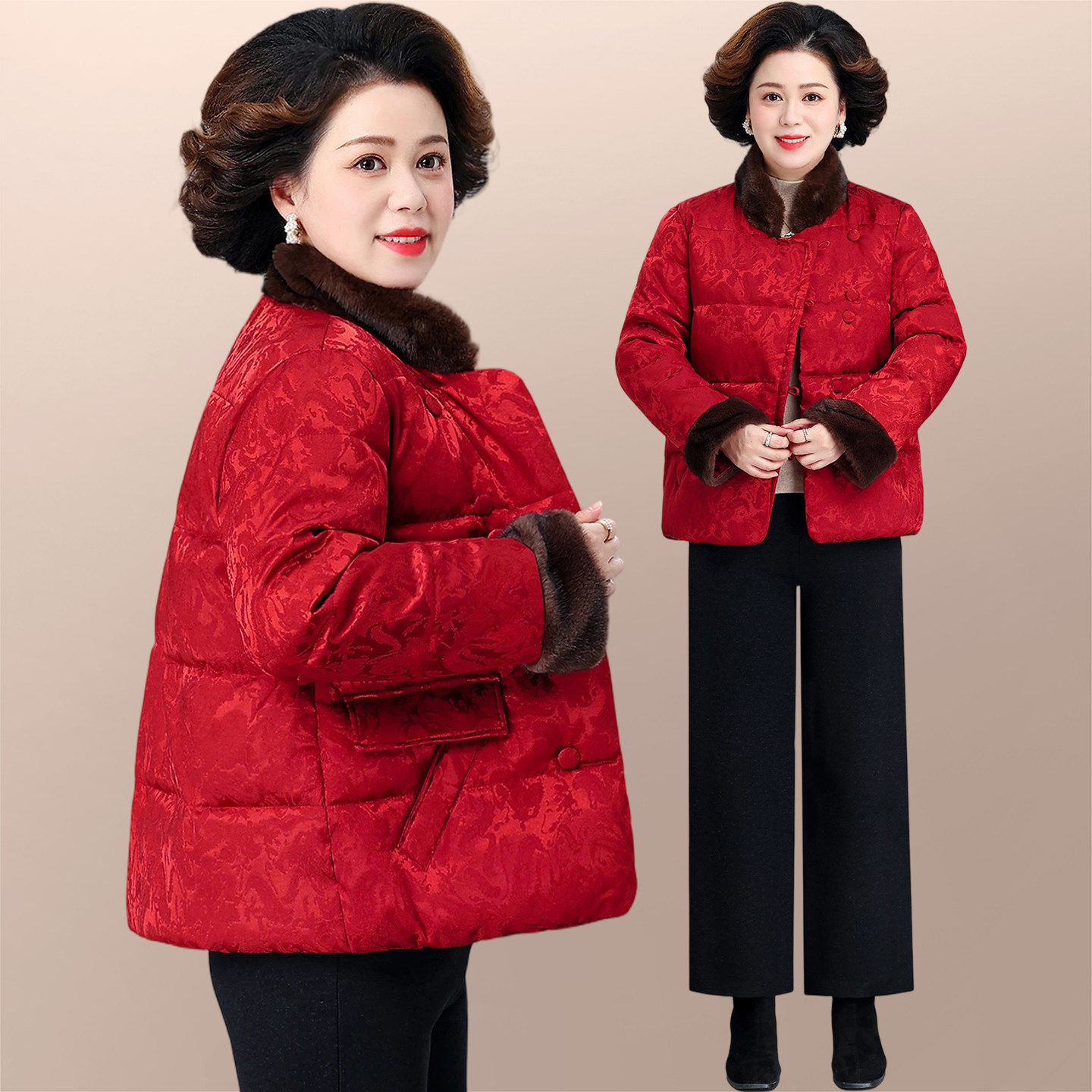 国风妈妈棉服女2026新款冬季翻领夹棉保暖上衣花色时尚洋气质外套