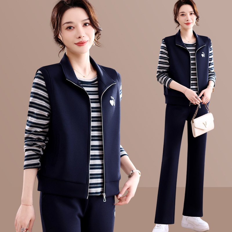 时尚条纹卫衣马甲女春秋中老年妈妈洋气减龄休闲运动服套装三件套