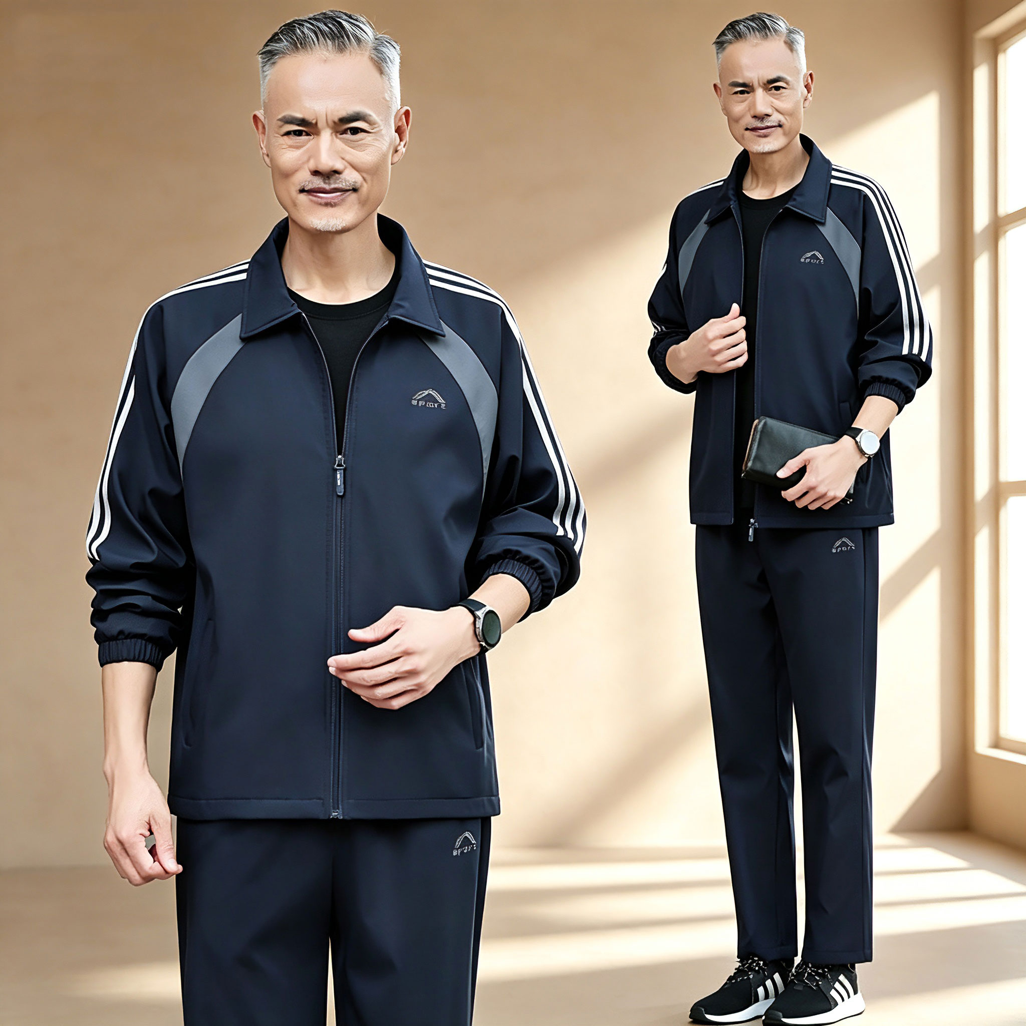 中老年男士运动套装秋季时尚高端外套中年爸爸装休闲服开衫三件套