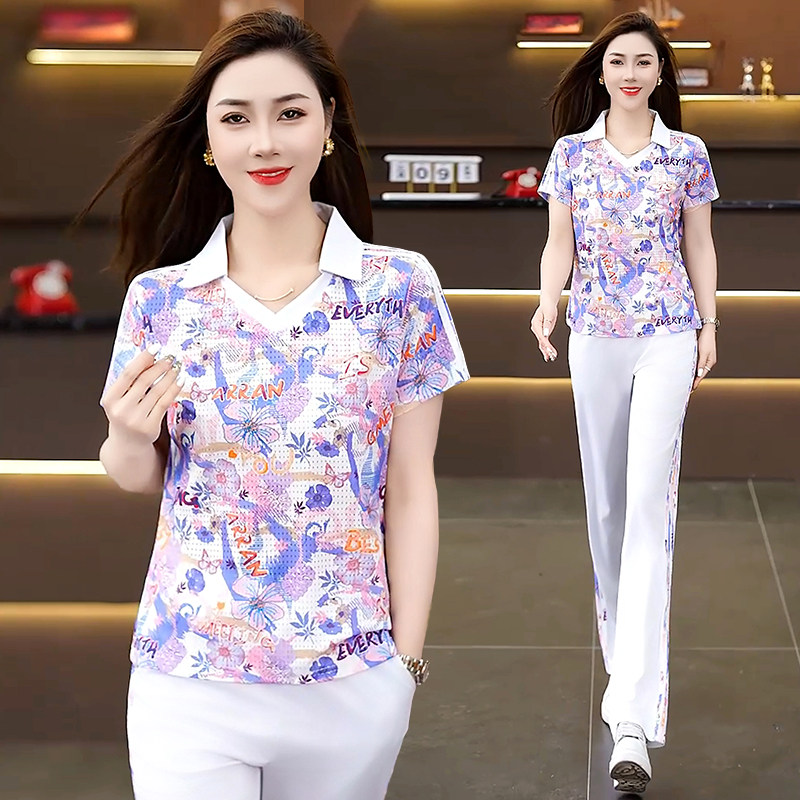 花色运动套装女夏2026新款洋气妈妈显瘦冰丝短袖休闲跑步服两件套