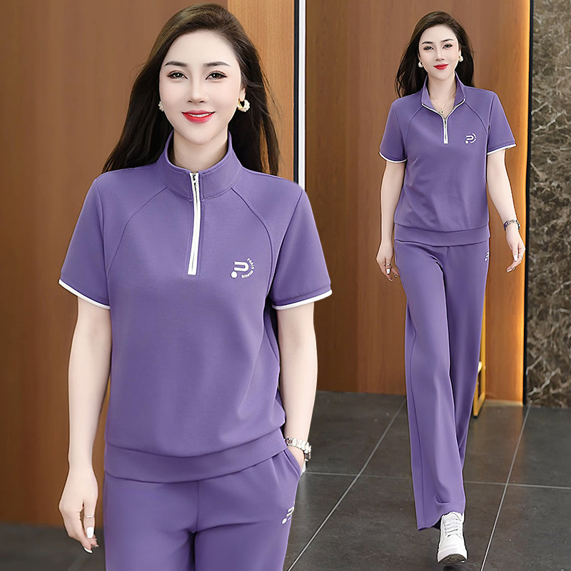 独特漂亮夏装两件套休闲风时尚立领减龄中年妈妈运动跑步服一整套