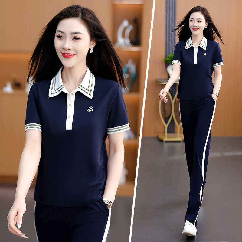 阔腿裤运动套装女夏季polo衫短袖休闲两件套时尚洋气妈妈冰丝薄款