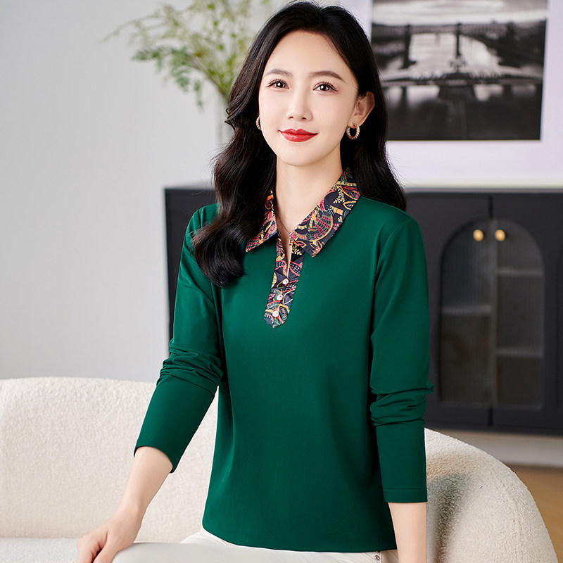 中老年妈妈纯棉长袖T恤女Polo衫春秋新款打底衫洋气宽松显瘦上衣