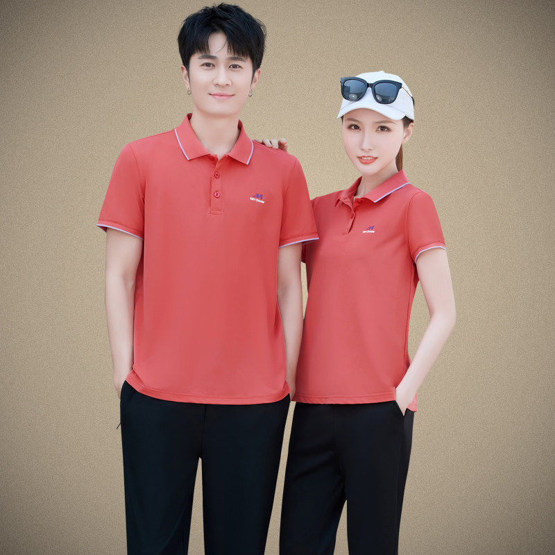 短袖翻领运动T恤男女情侣装红色夏季休闲上衣冰丝透气夏装