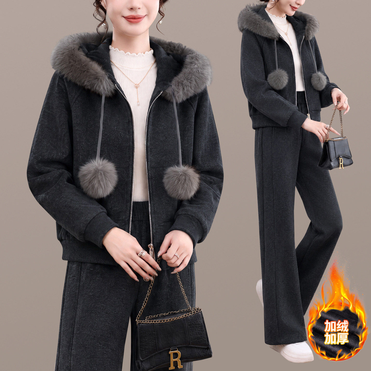 毛领连帽卫衣套装女冬季加绒加厚休闲运动两件套2026新款宽松女装