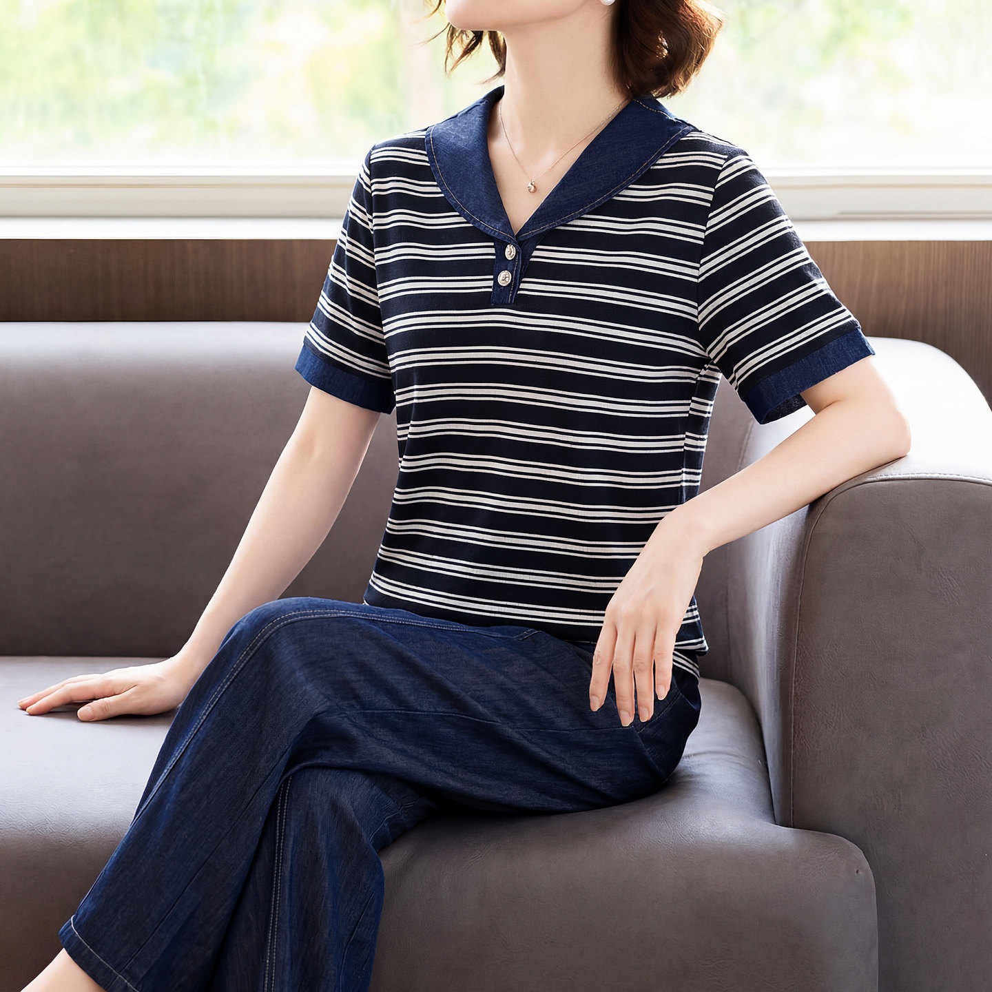 海军风条纹短袖牛仔套装女夏季2026新款时尚宽松洋气减龄妈妈衣服