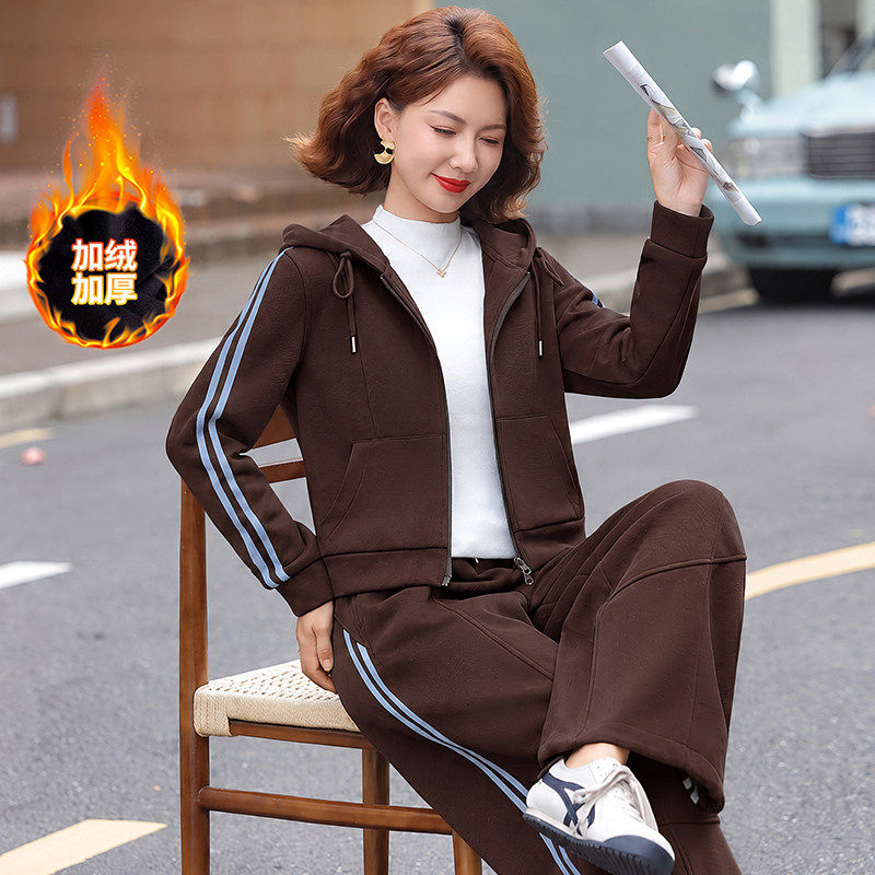 加绒加厚运动套装女秋冬洋气减龄连帽保暖卫衣外套休闲服两件套潮