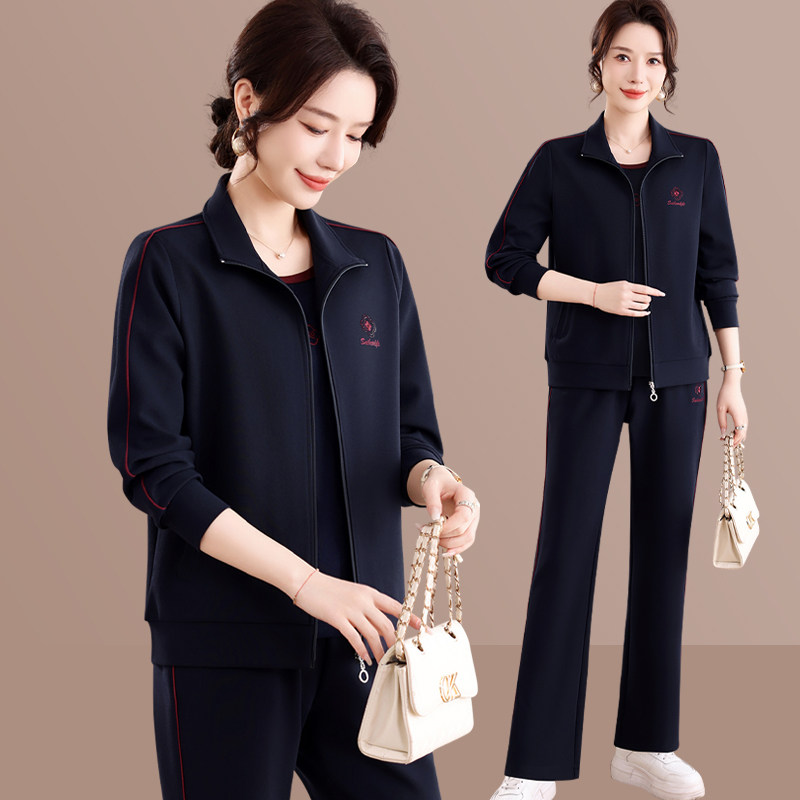 中老年女装运动服套装春秋洋气翻领拉链三件套宽松大码休闲妈妈装