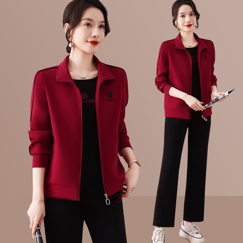 休闲风中老年女装妈妈春装外套时尚宽松运动服套装洋气减龄三件套
