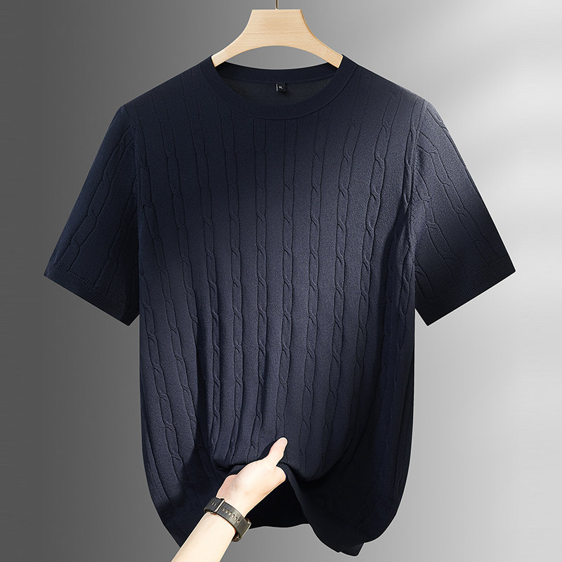 夏季高档大码天丝针织短袖T恤男加肥加大胖子超薄麻花纹圆领体恤