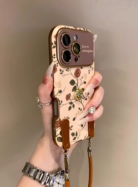 复古法式立体山茶花适用iPhone16手机壳17pro苹果15promax皮质软14Pro高级女13满屏玫瑰花ip手提挂绳12保护套