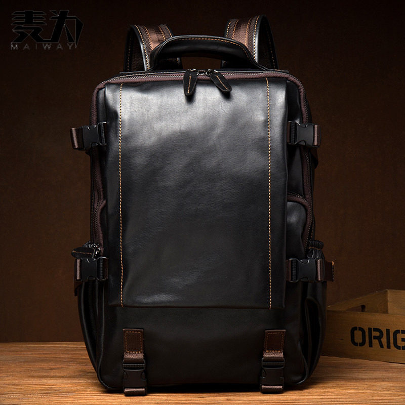 麦为大容量旅行真皮双肩商务休闲头层牛皮学院风背包男电脑包户外