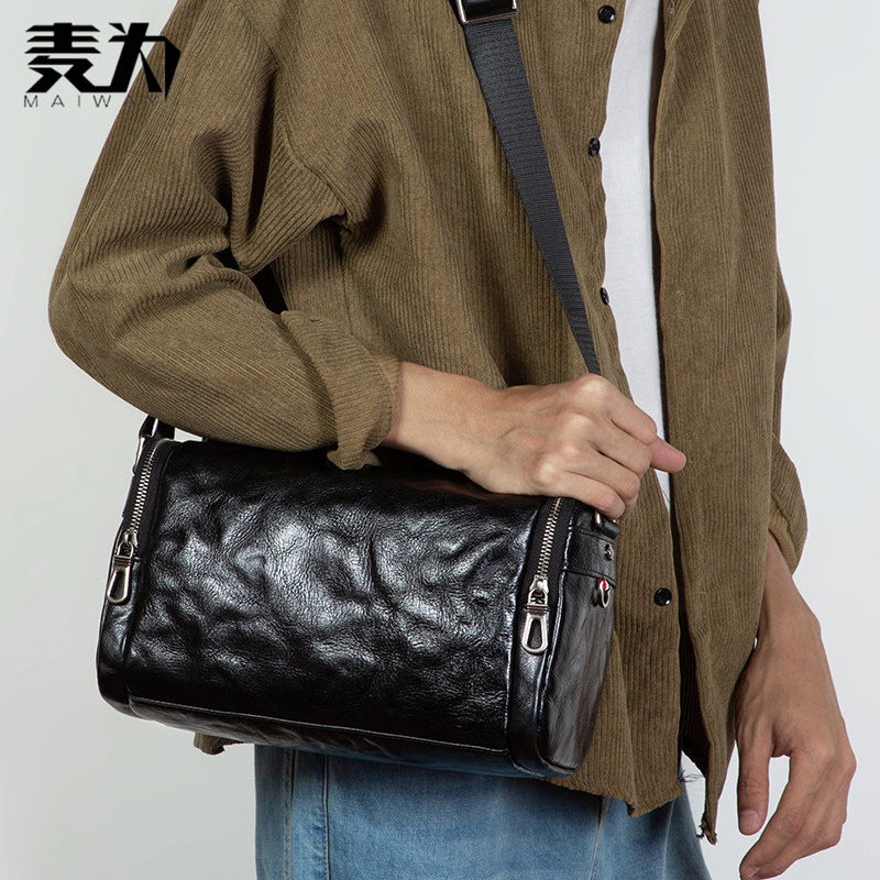 麦为潮流头层植鞣牛皮极简风大容量单肩包休闲真皮斜挎男女水桶包