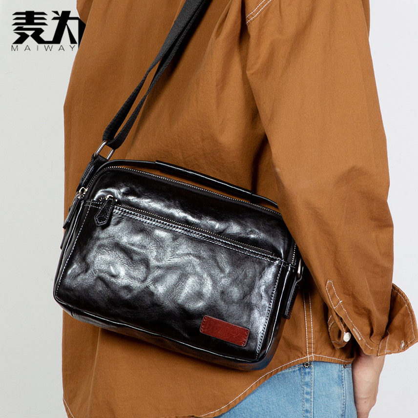 麦为时尚男士头层植鞣牛皮单肩包横款休闲真皮斜挎包黑色潮流背包