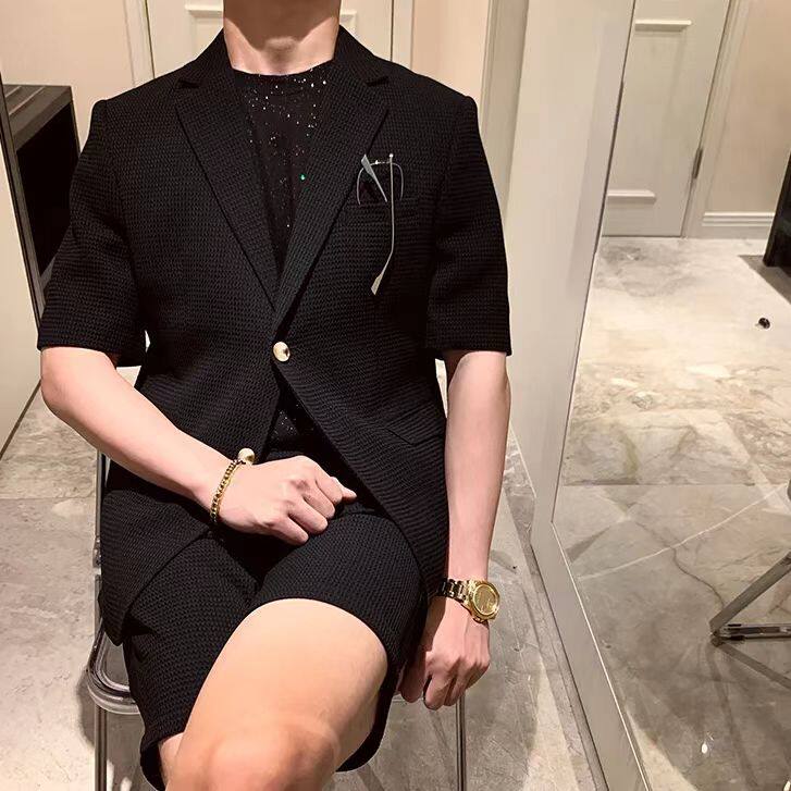 欧洲站男士短袖短裤两件套夏季薄款休闲外套高级感炸街西装套装潮