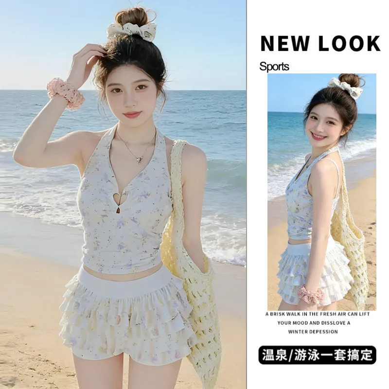 新款泳装甜美水果印花分体平角短裤绑带挂脖泡温泉游泳衣女