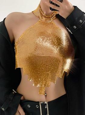 2024欧美时尚夏季女装金属亮片挂脖背心性感辣妹夜店吊带女L22806