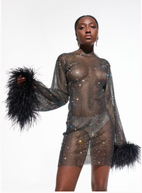 欧美2022热销新款夜店性感闪钻透视网格长袖毛毛连衣裙H20289