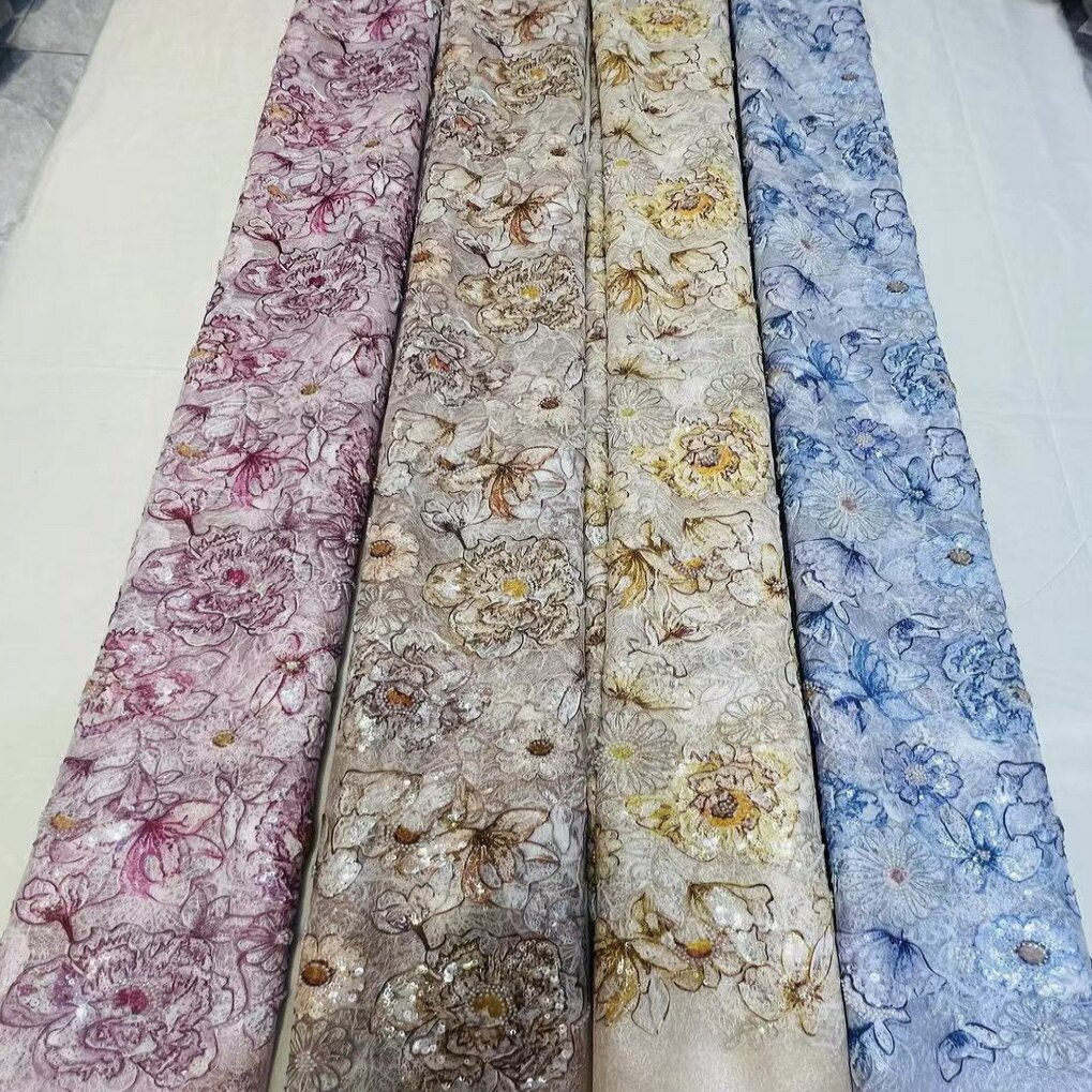 N105跨境双层网彩色珠绣亮片立体刺绣网纱面料制衣洋服布料粉色