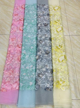 N63跨境出口立体亮片刺绣网纱蕾丝面料布料礼服旗袍定制辅料灰色