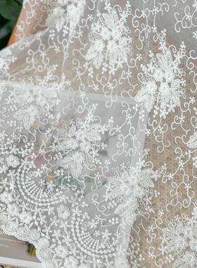 X2特柔软田园风白色植物提花清新带花边软网纱棉线刺绣蕾丝布面料