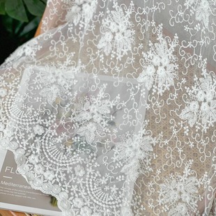 X2特柔软田园风白色植物提花清新带花边软网纱棉线刺绣蕾丝布面料