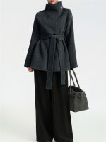 A Korean-style black laid-back high-necked woolen overcoat with a high-end feminine charm, a cinched waist and double-sided tweed coat thumbnail 4