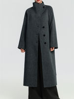 A Korean-style black laid-back high-necked woolen overcoat with a high-end feminine charm, a cinched waist and double-sided tweed coat thumbnail 2