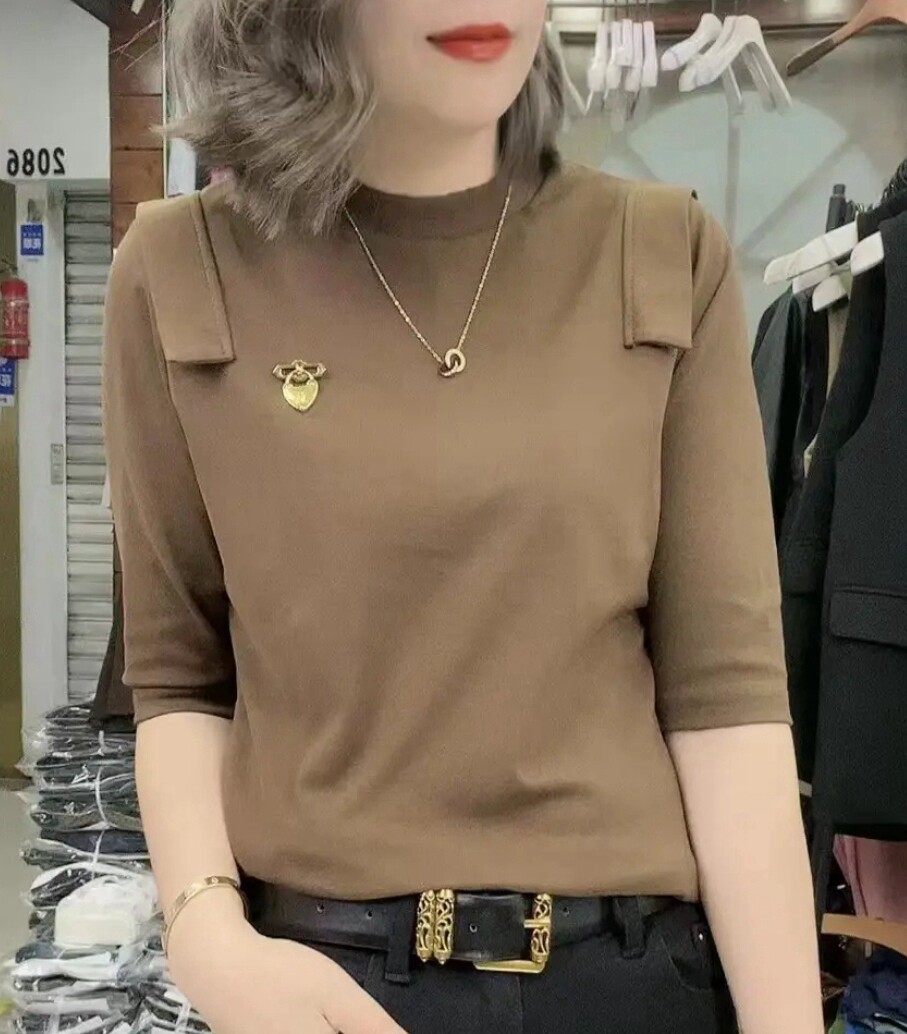 欧货设计感中袖T恤女2024春秋新款修身显瘦百搭立领上衣打底衫
