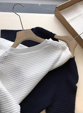 华夫格小资感有调性~~经典圆领短袖针织衫宽松休闲百搭T恤H030414