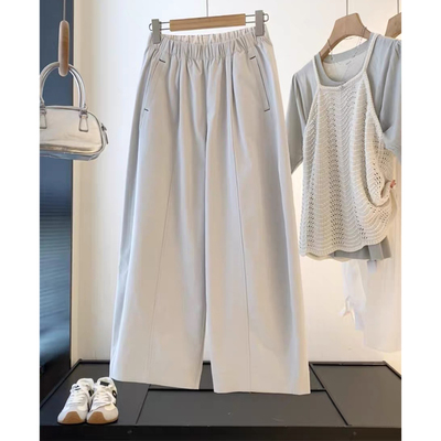 三角标~穿着就是舒服！松紧高腰阔腿裤宽松显瘦茧型九分休闲裤女