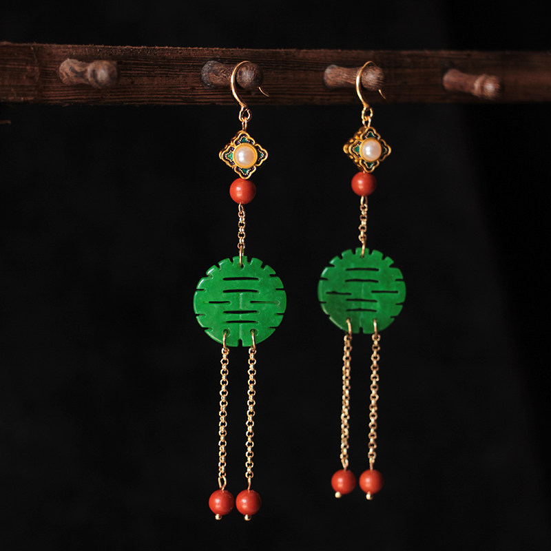 原创手工流苏耳饰干青双喜耳坠长款气质民族风耳环女式旗袍配饰
