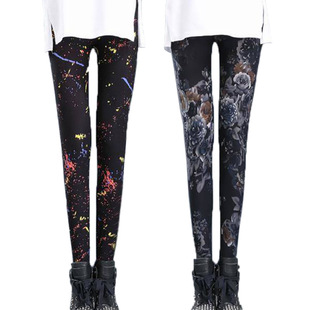 包邮女式春秋天牛奶丝印花打底裤薄款外穿花色九分显瘦高腰小脚裤