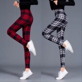 包邮 格子条纹打底裤 女式 薄款 磨毛外穿显瘦高腰松紧弹力长裤 春秋季