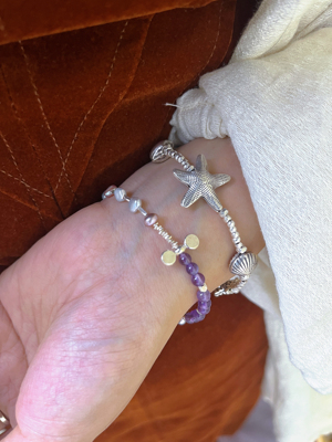 泰国清迈手工银饰925纯银天然紫水晶手链女贝壳海星复古小众设计