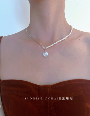 日出珊瑚 天然淡水迷你强光扁珠925纯银蛇骨链女巴洛克爱心开口扣