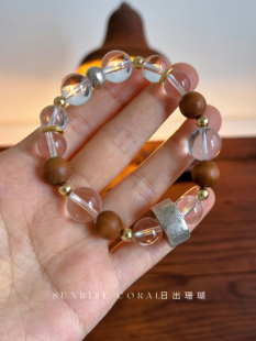 原创设计泰国清迈手工925纯银天然白水晶檀木手串手链女小众设计