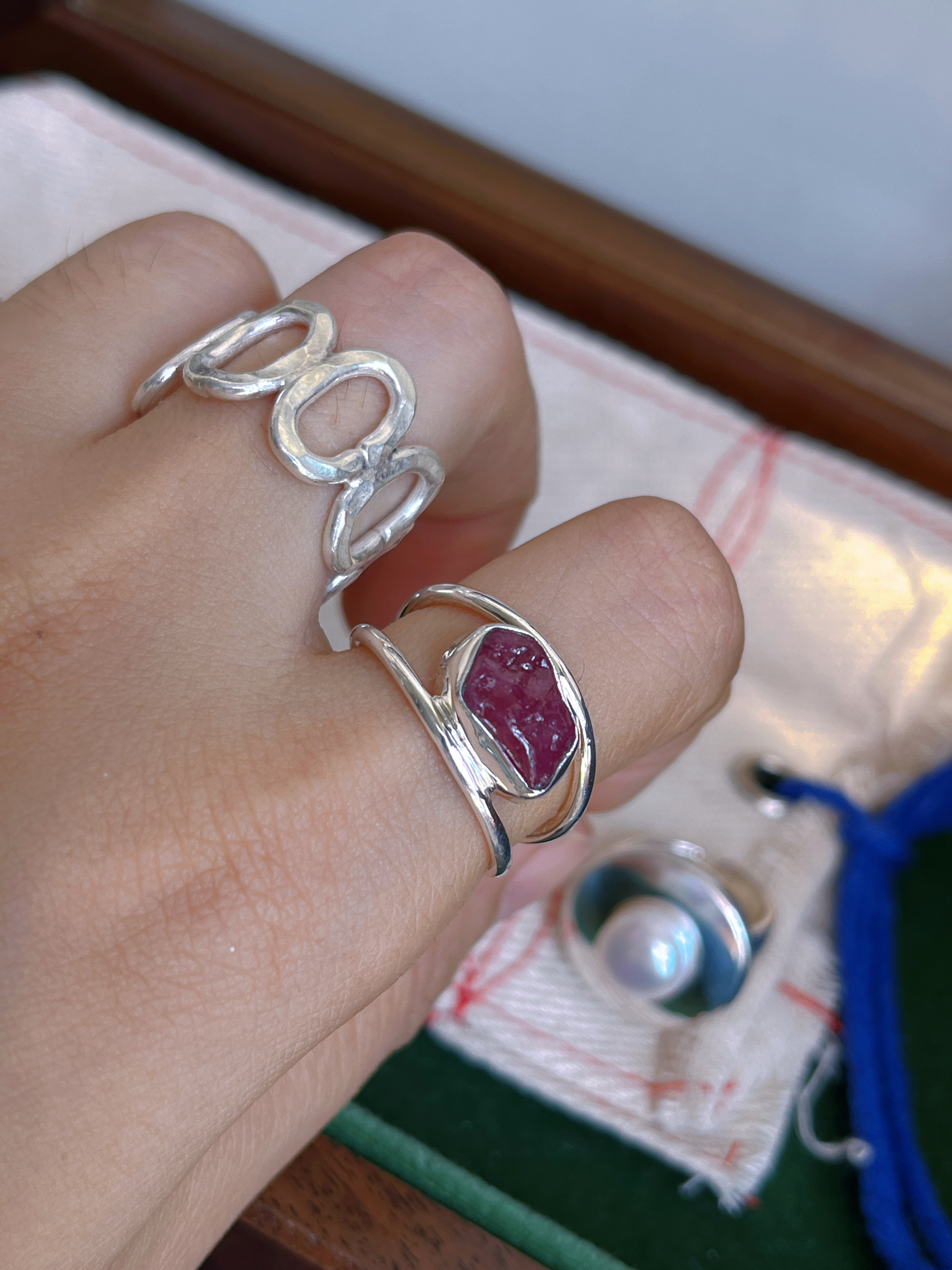 泰国清迈手工银饰925纯银天然红宝石戒指女锤纹小众设计感高级