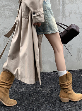 跟4.55cm 棕色靴子2025新款翻毛皮韩国粗跟百搭黑色磨砂短靴40码