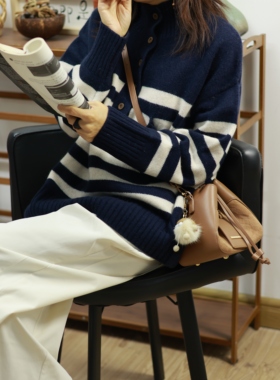 【LU】 彩条羊绒衫 奢级全羊绒  半开襟经典条纹羊绒针织衫(2色）