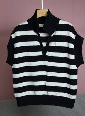 【LU】条纹控  黑白条纹100%纯羊绒加厚马甲彩条外搭背心立领包肩