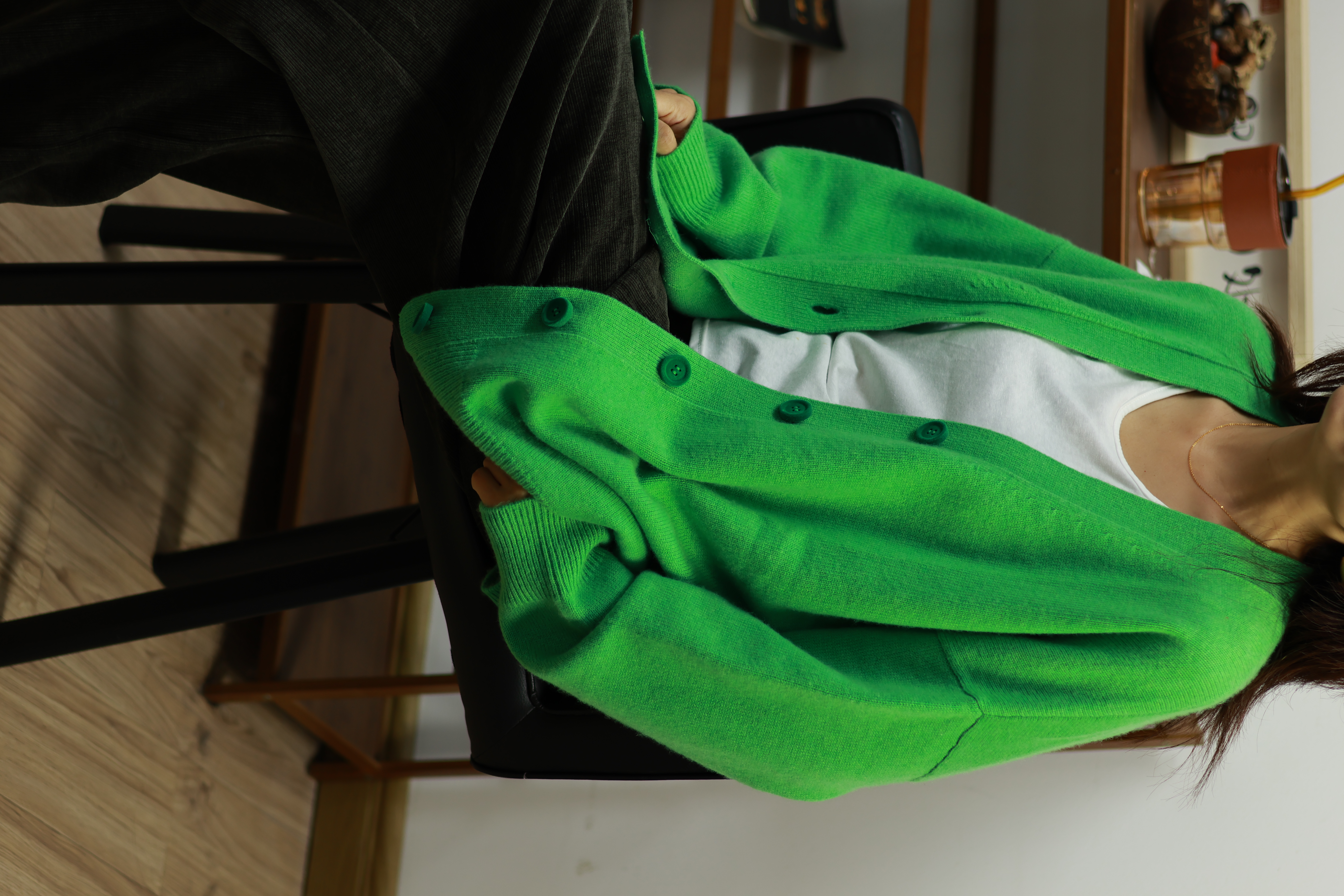 【LU】 韩剧女主外套  100%山羊绒开衫 绿色显白双线加厚外套百搭